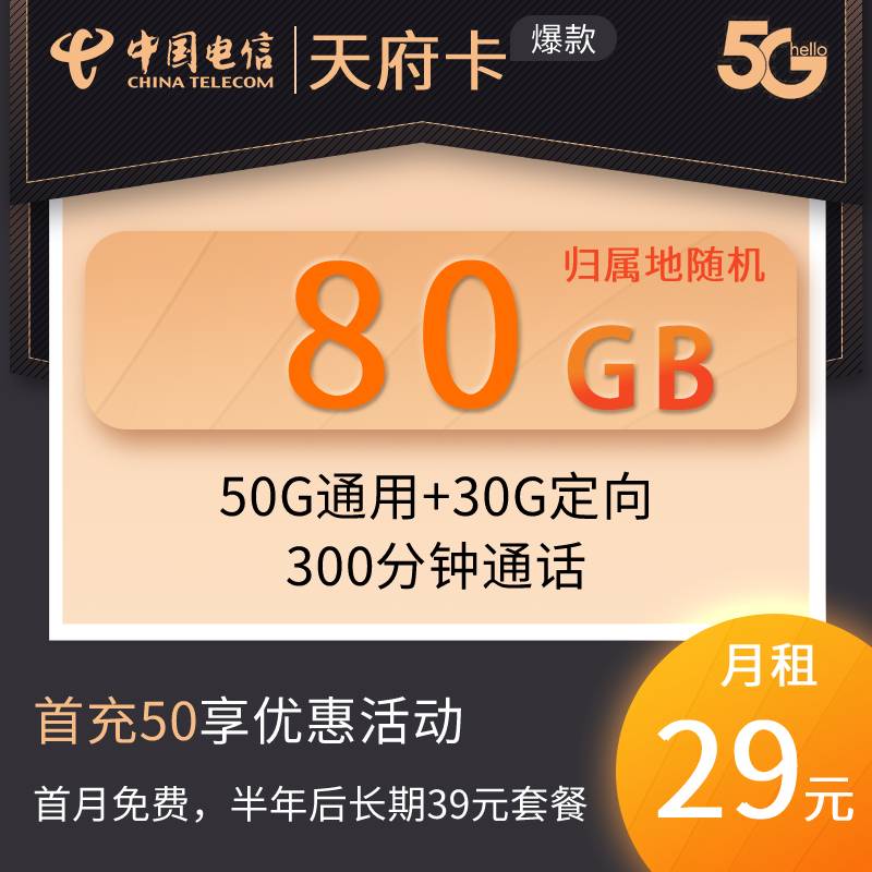 DT13 成都天府卡29元80G+300分钟（6个月后长期39元套餐）