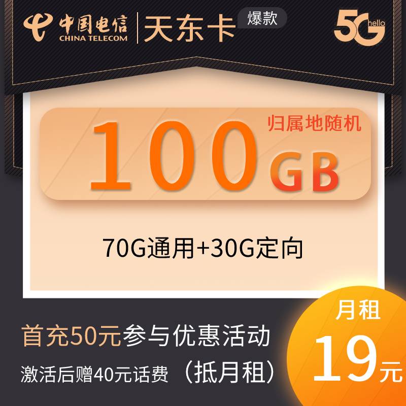 DT2天东卡 19元70G+30G定向 纯流量卡 （7.8）