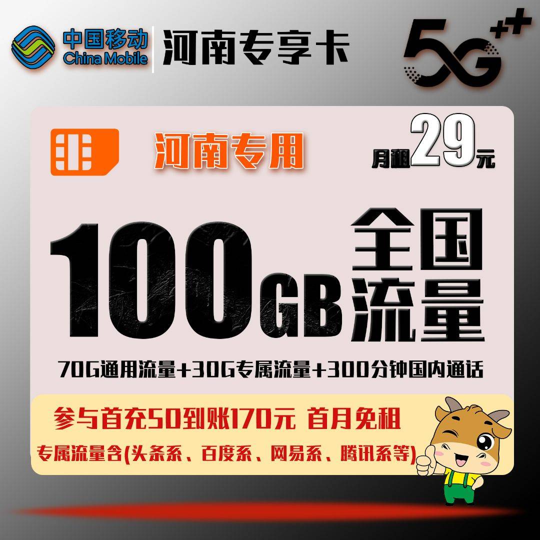 【河南专享卡】月/29元包70G通用流量+30G定向流量+300分钟通话