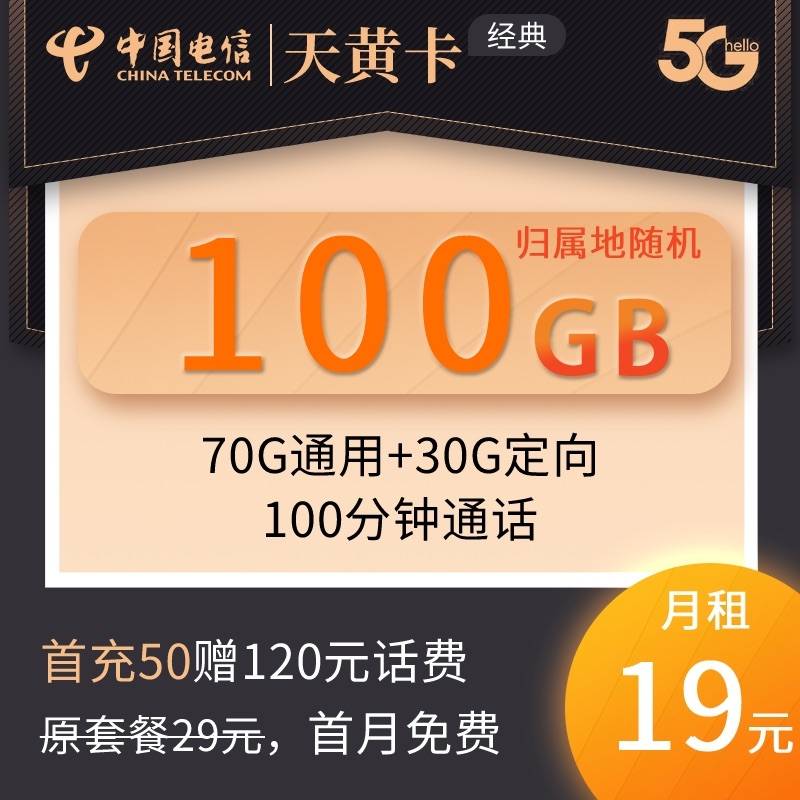 DT9 电信天黄卡 19元100G+100分钟通话 0906