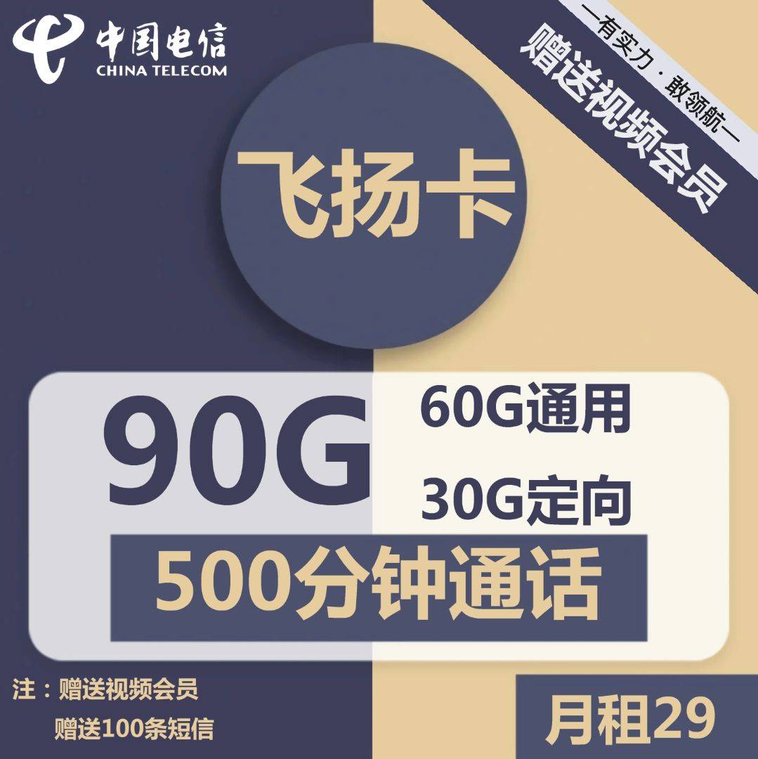 1233 | 电信飞扬卡29元包60G通用+30G定向+500分钟+100条短信+视频会员