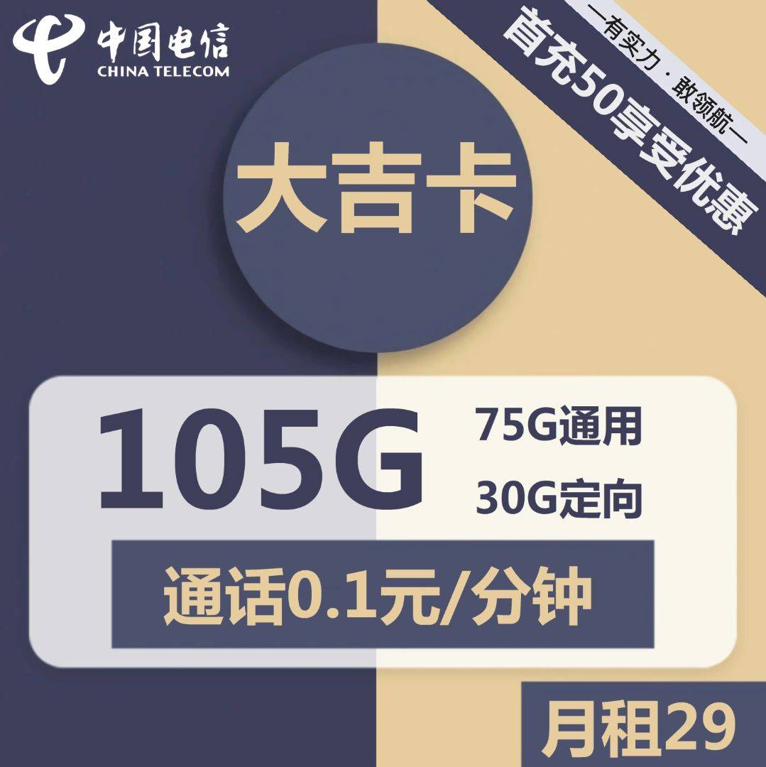 1254 | 电信大吉卡29元包75G通用流量+30G定向流量+通话0.1元/分钟