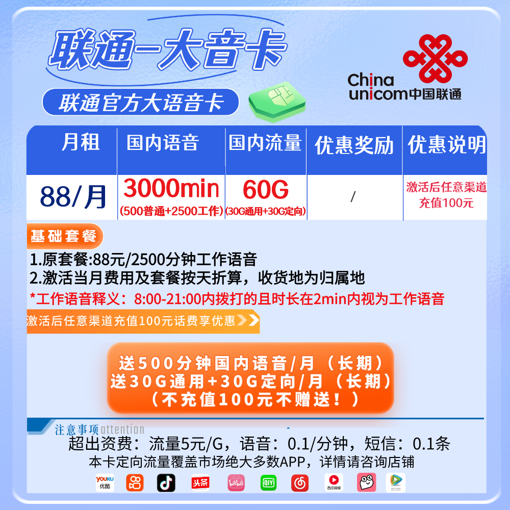 【联通大音卡】88元包30G通用流量+30G定向+3000分钟通话，长期套餐