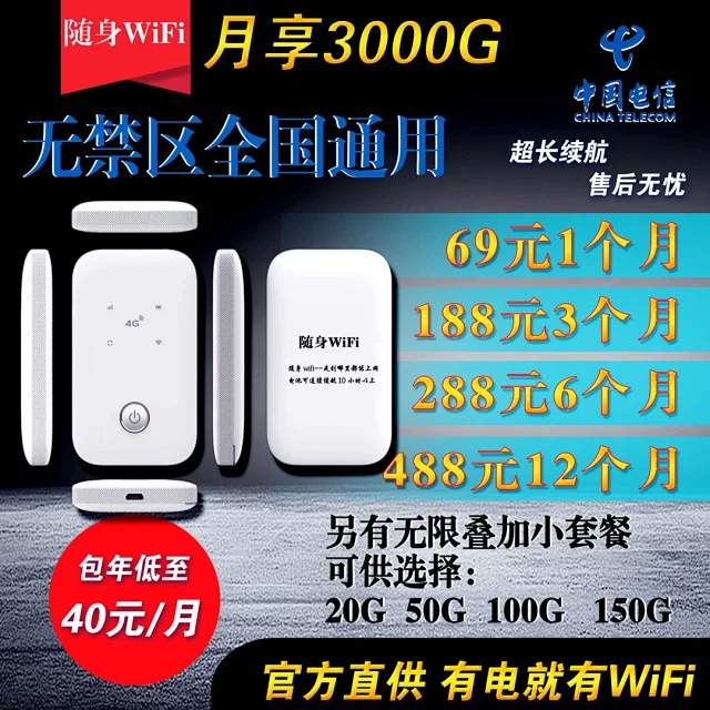 W017/无禁区随身wifi 【带电池版】月享3000g 内置电信卡(图2)