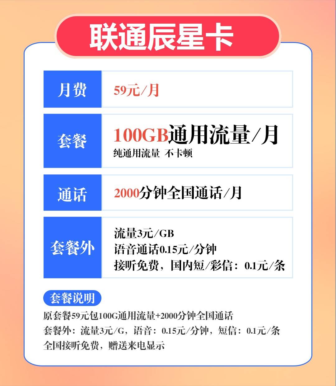 【联通辰星卡】59元包100G通用流量+2000分钟通话，永久套餐