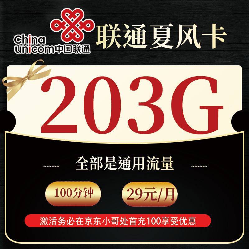 【联通夏风卡】29元包203G通用流量+100分钟通话，优惠期2年