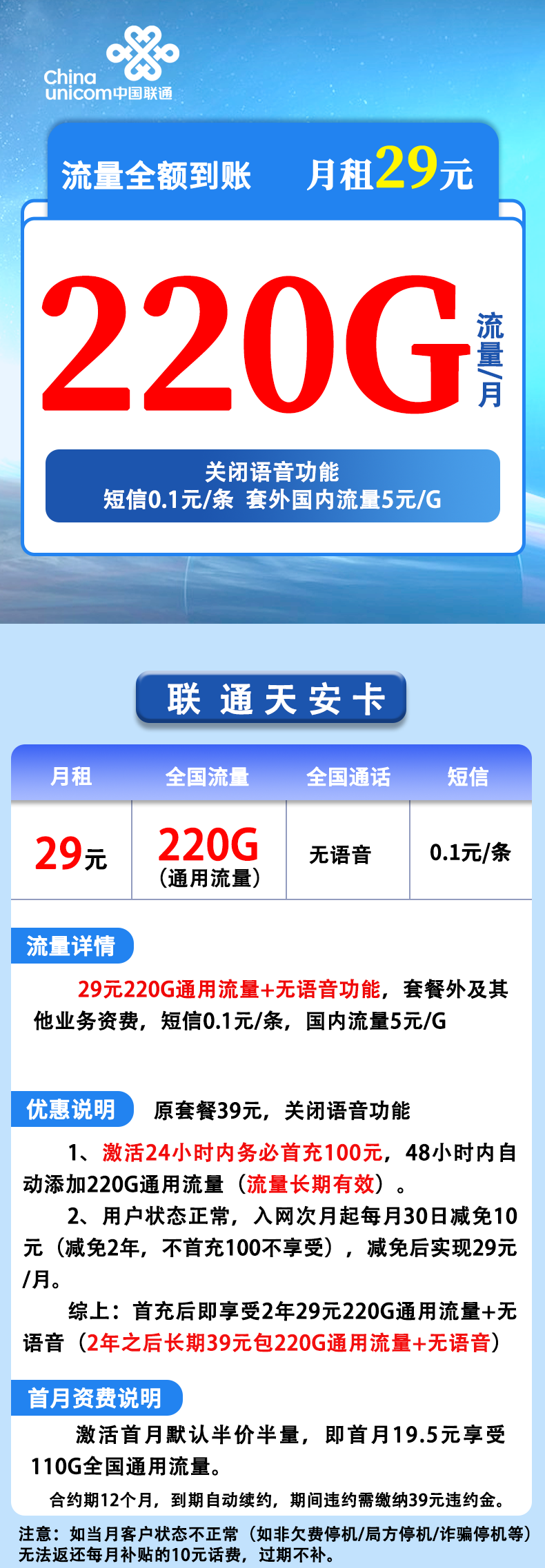 【联通天安卡】29元包220G通用流量+无语音功能，长期流量，2年之后长期39元