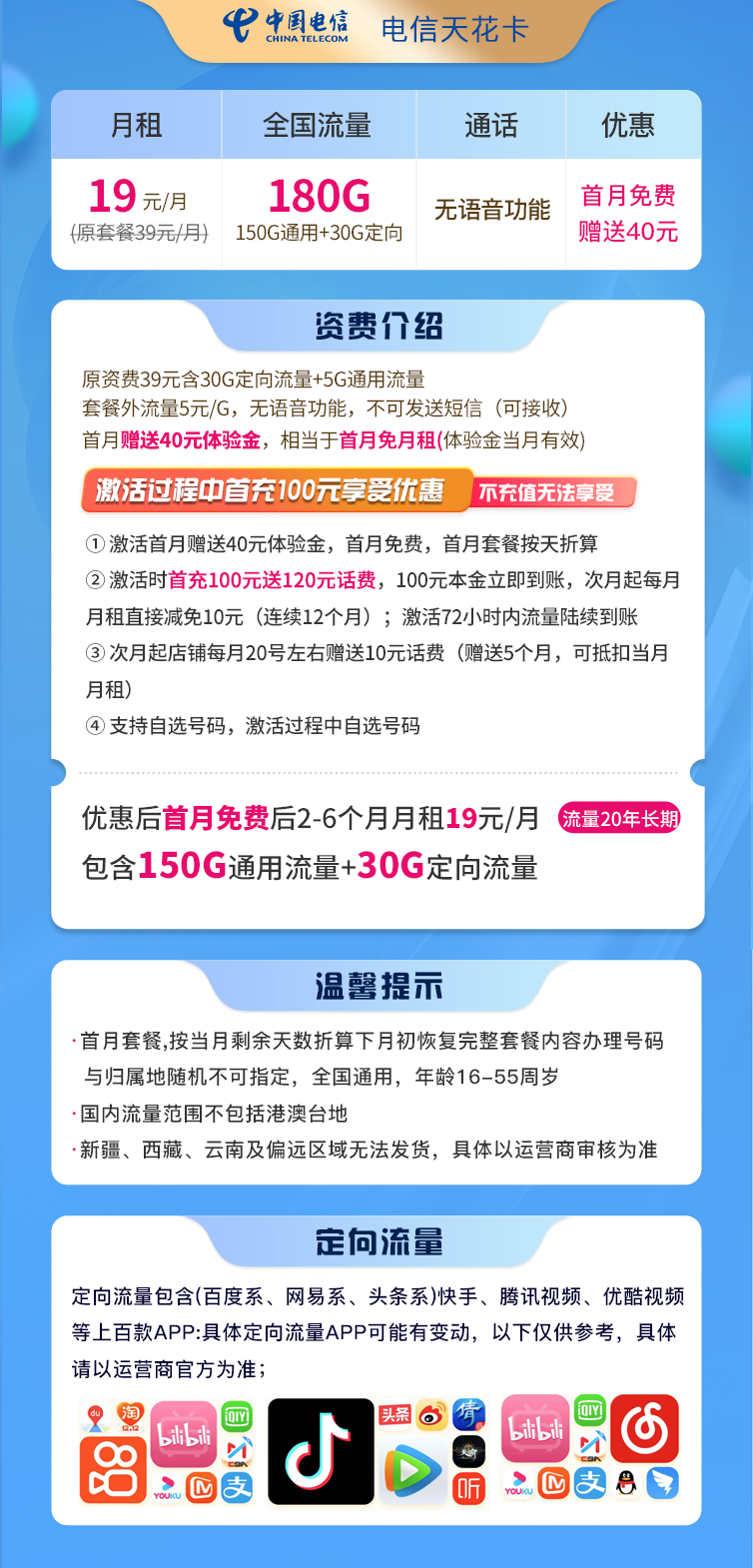 【电信天花卡 】19元包150G通用流量+30G定向流量，流量优惠期20年第3张-菜芽推荐--号卡/宽带/靓号资源/优惠资讯，移动，联通，电信，优惠套餐卡分享，大流量卡申请，等优惠资讯，教程资源分享！！