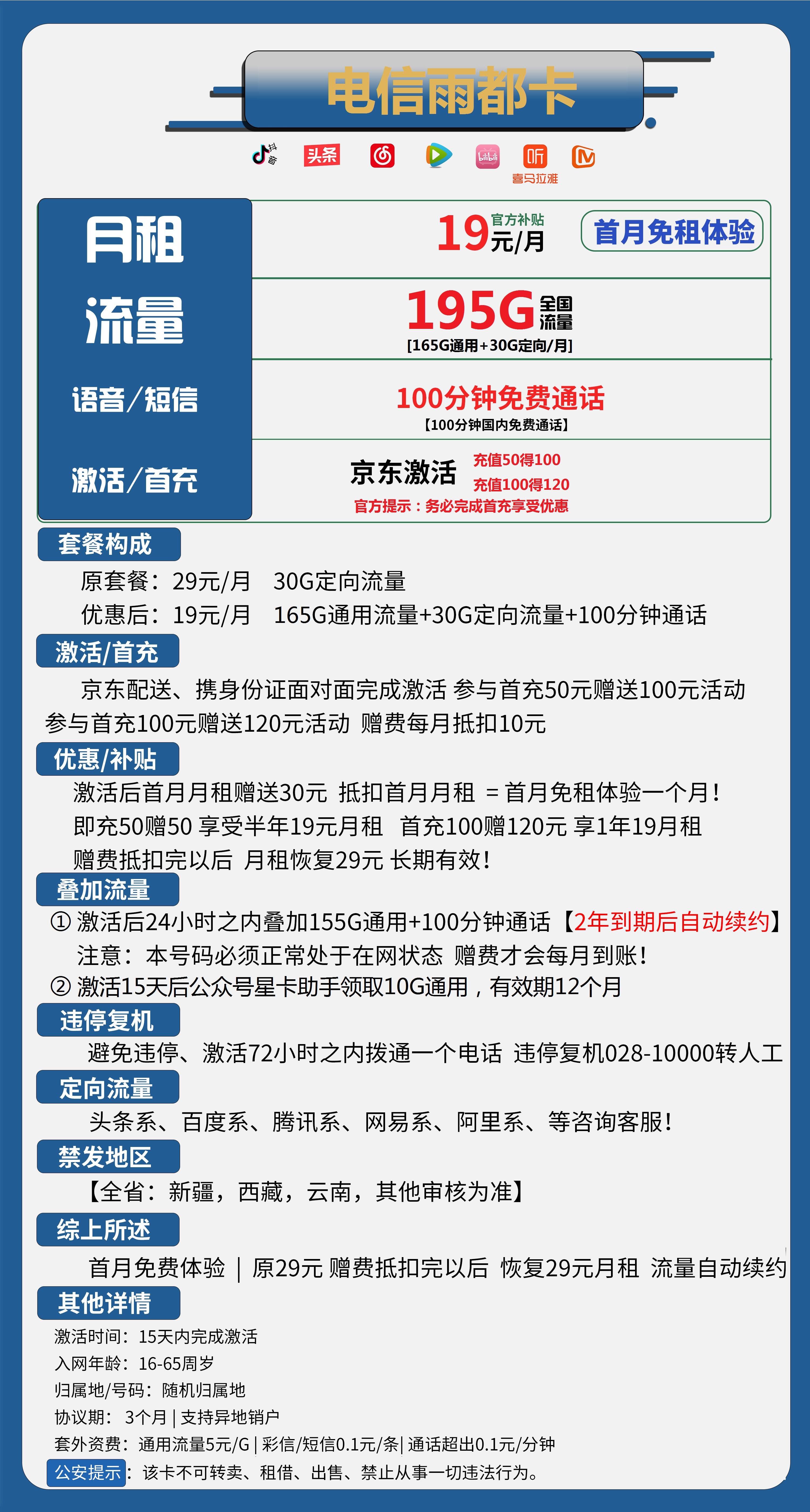 电信19元永久无限流量卡：19元包195G全国流量+100分钟通话