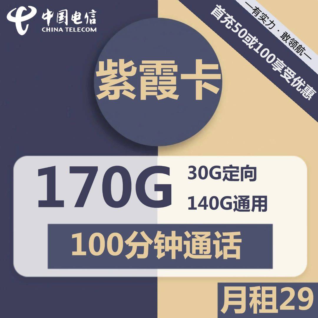 电信紫霞卡29元包140G通用+30G定向+100分钟通话