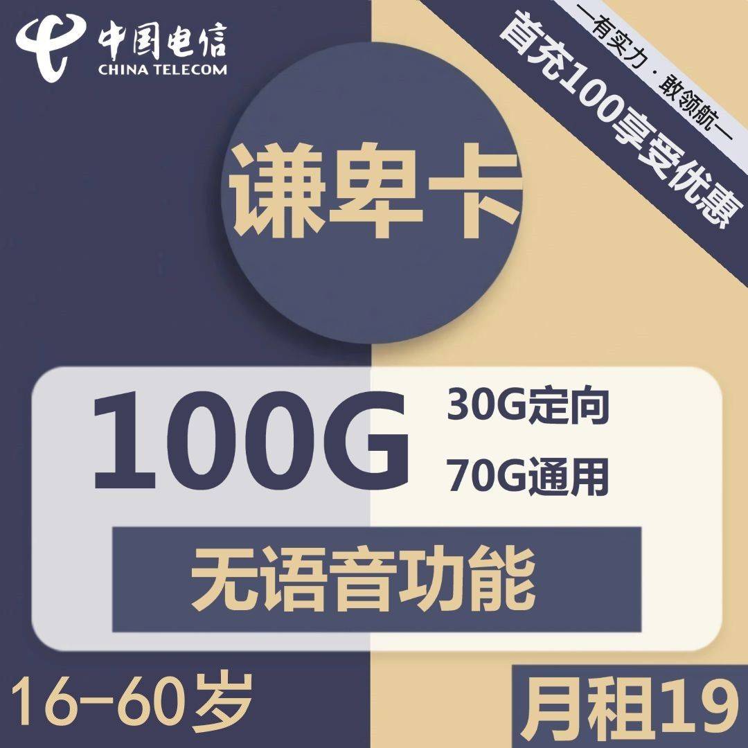 安徽电信谦卑卡19元包70G通用+30G定向+无语音功能