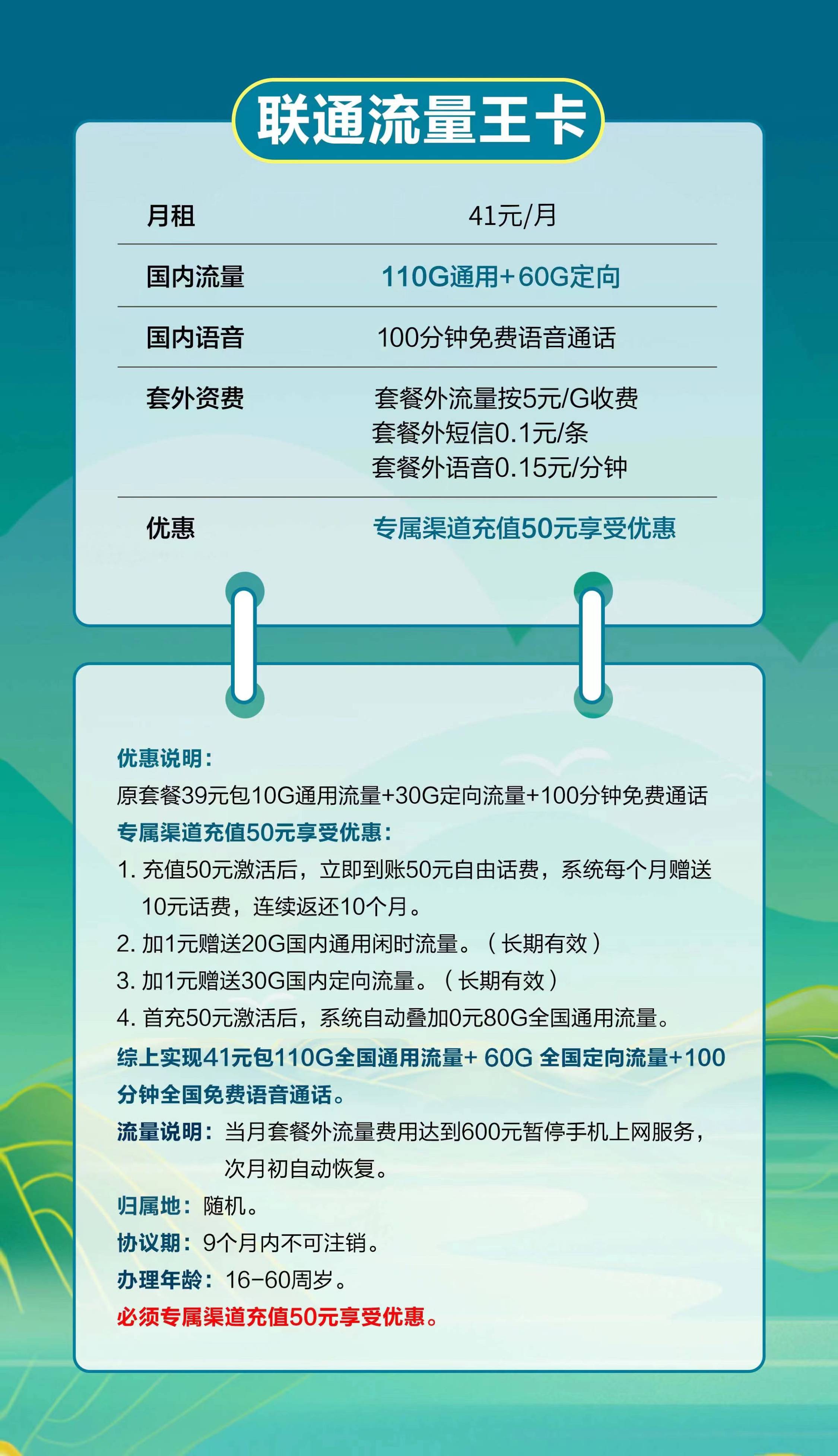 Q001/联通流量王卡 41元170G全国流量+100分钟通话商品详情(图1)