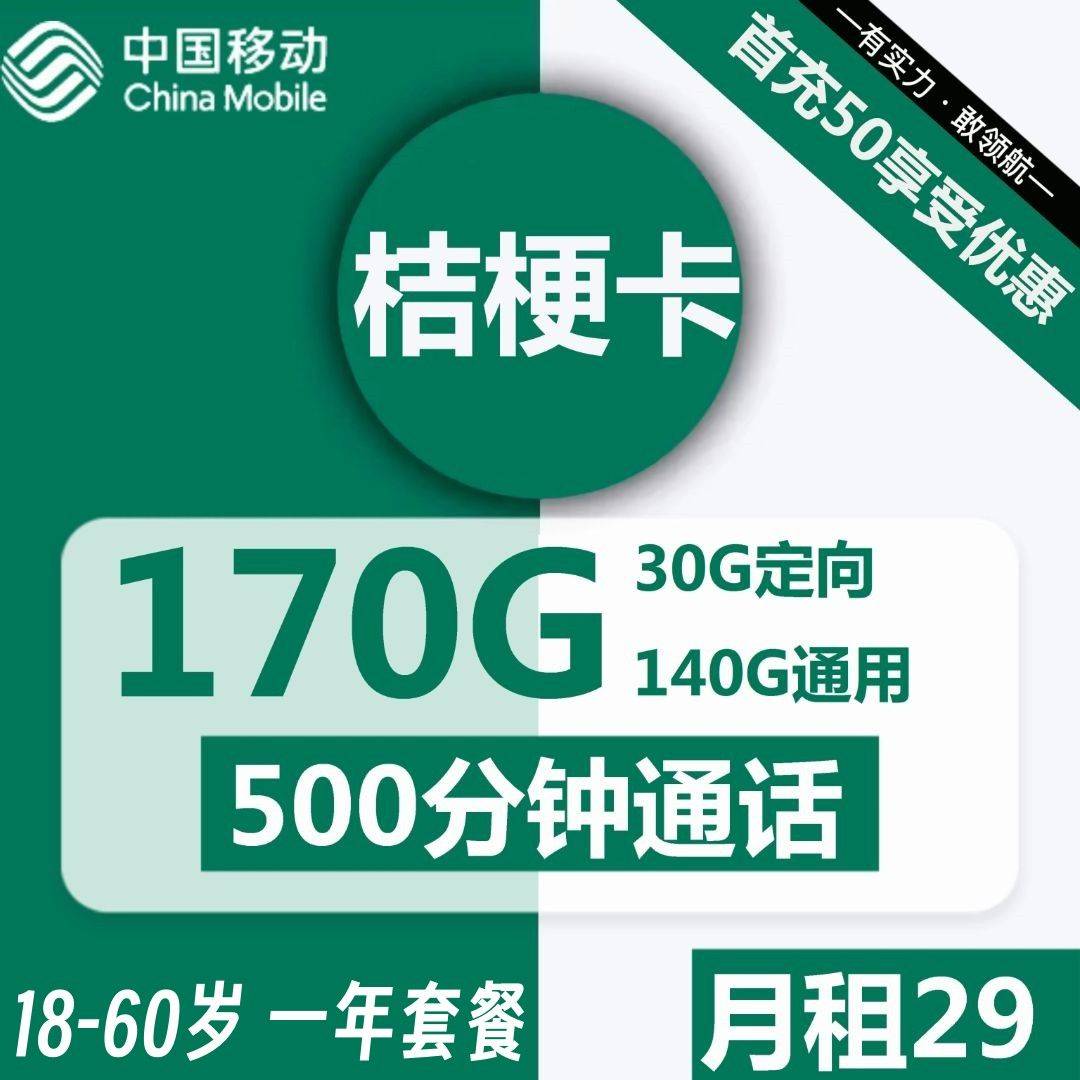 广东移动桔梗卡29元包140G通用+30G定向+500分钟通话