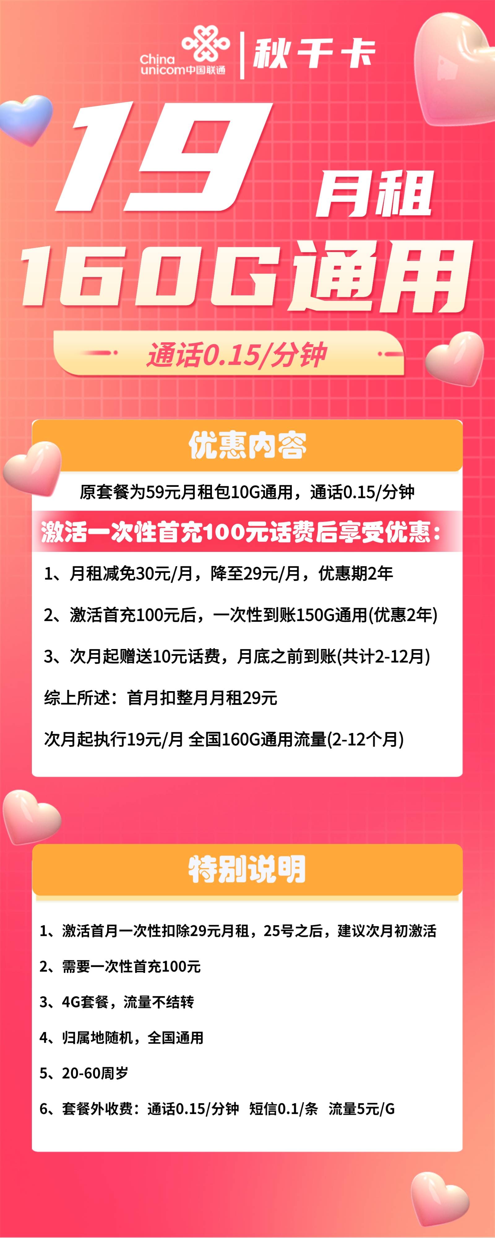 联通流量卡19元200g官方办理：19元包160G通用+0.15元/分钟通话