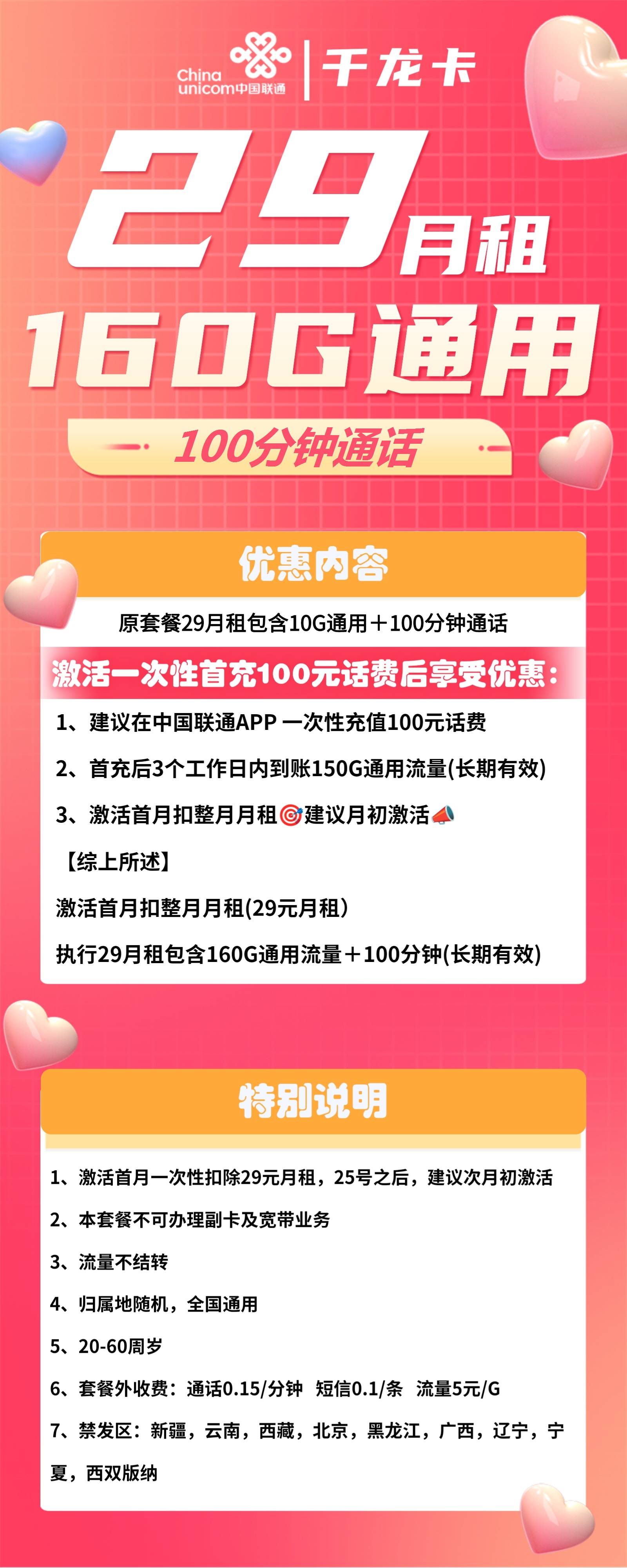 『车门已关』联通千龙卡 29元/月：160G通用+100分钟，7年套餐，优惠到2029年插图1羊毛日报