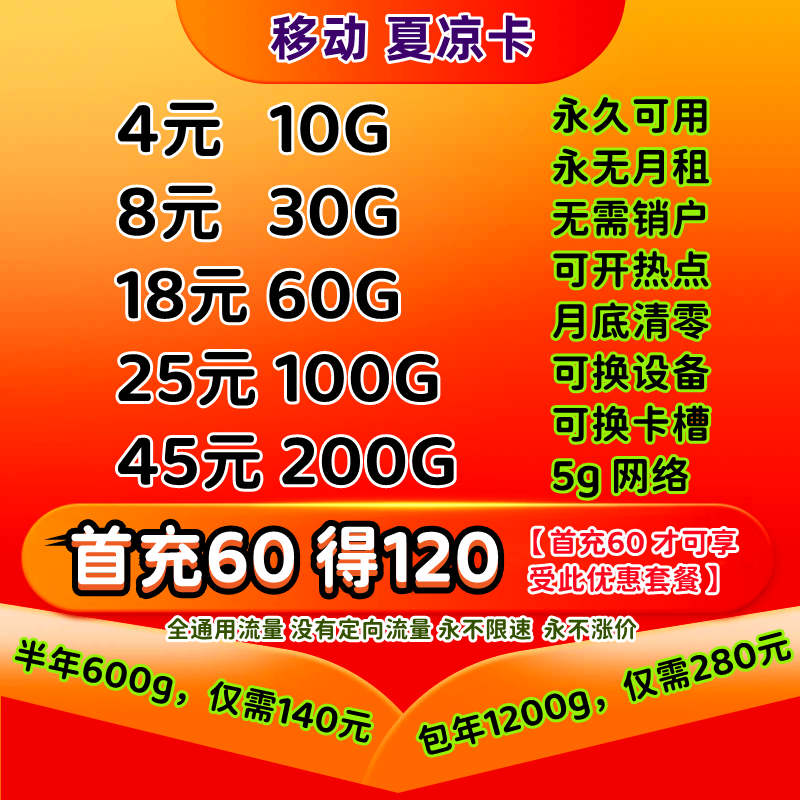 W024/移动夏凉卡-纯流量卡 多套餐 无需销户【物联卡】(图1)