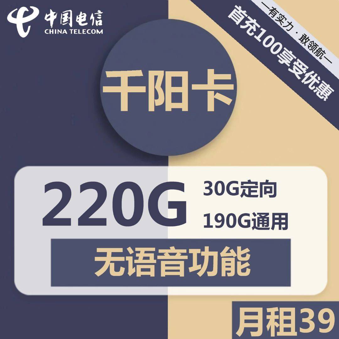 河南电信千阳卡39元包190G通用+30G定向+无语音功能