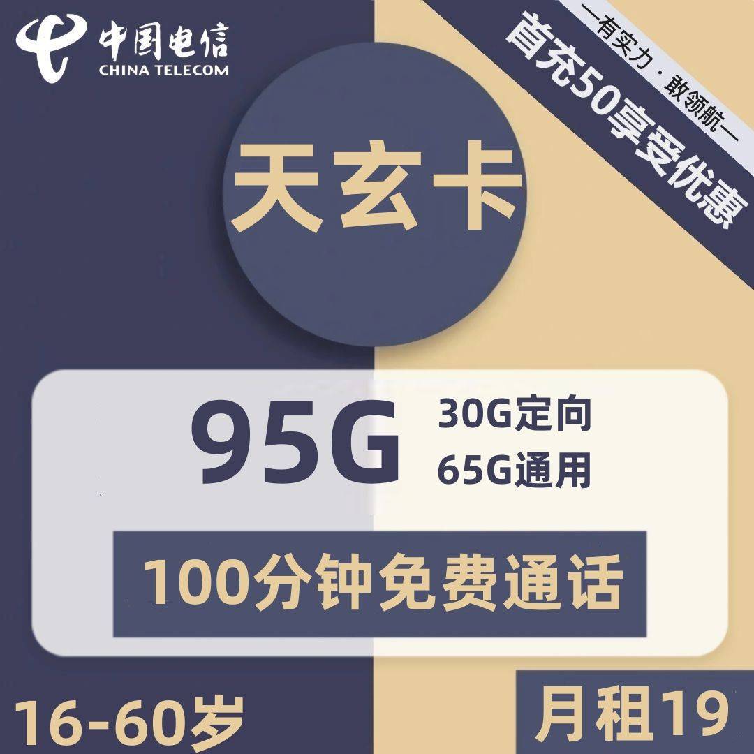 四川电信天玄卡19元包65G通用+30G定向+100分钟通话+视频会员