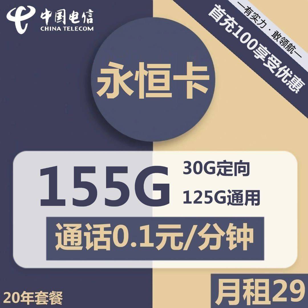 山东电信永恒卡29元包125G通用+30G定向+通话0.1元/分钟