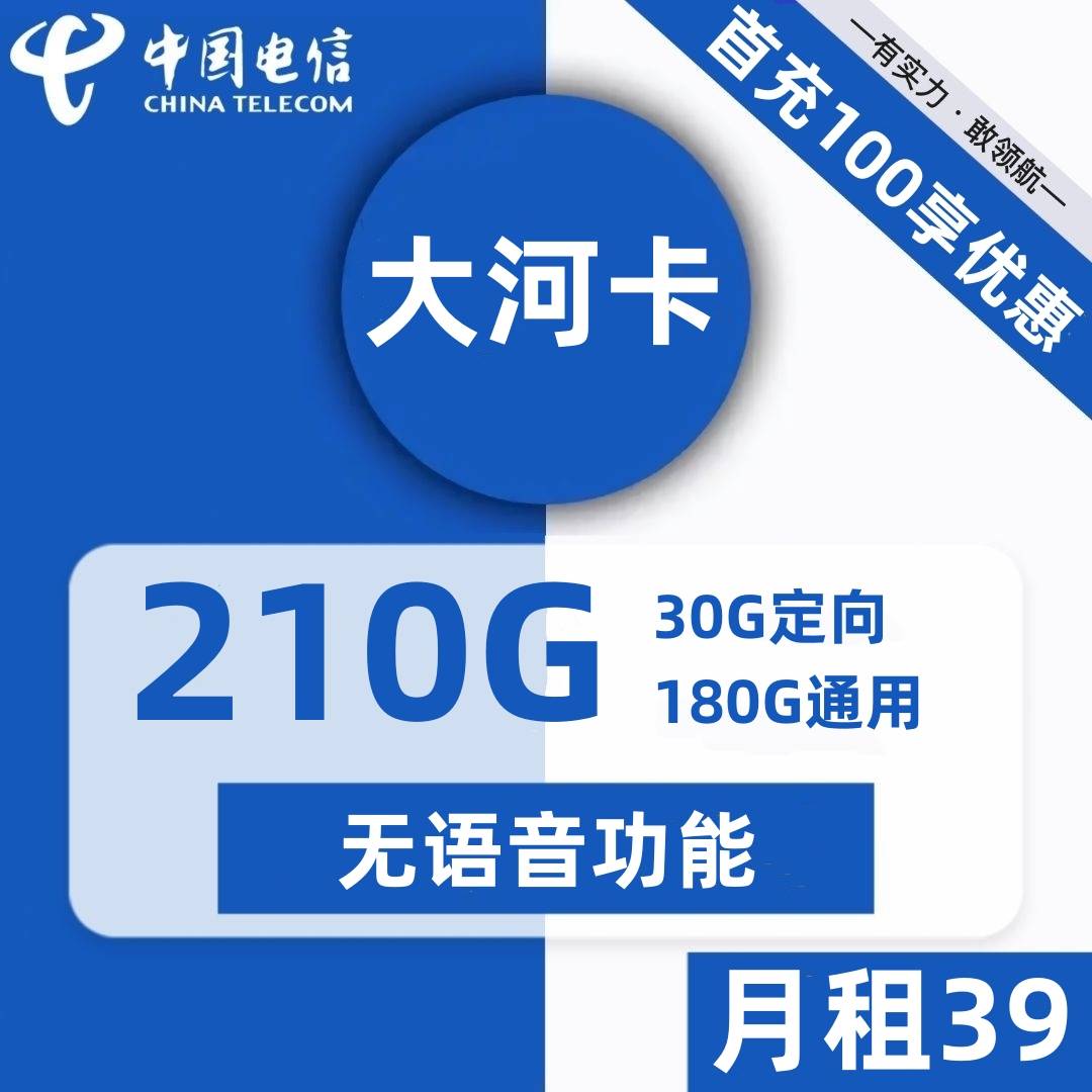 河南电信大河卡39元包180G通用+30G定向+无语音功能