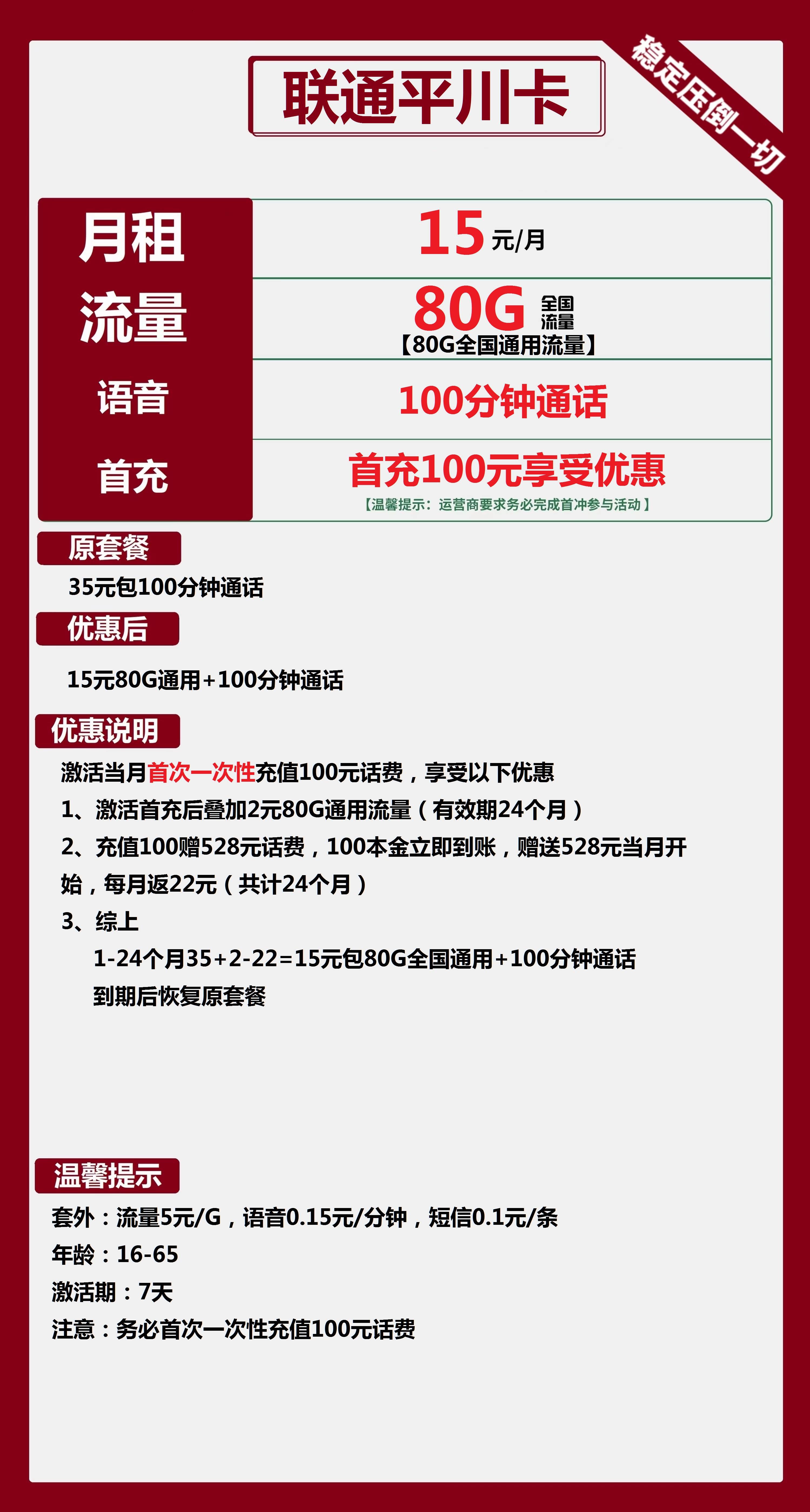 【两年优惠】联通平川卡15元包80G通用+100分钟通话