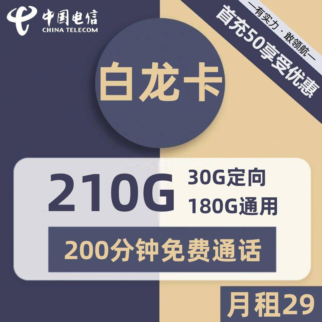 黑龙江电信白龙卡29元包180G通用+30G定向+200分钟通话