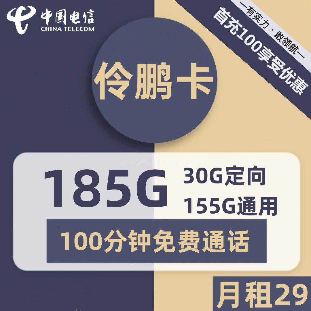 湖南电信伶鹏卡29元包155G通用+30G定向+100分钟通话