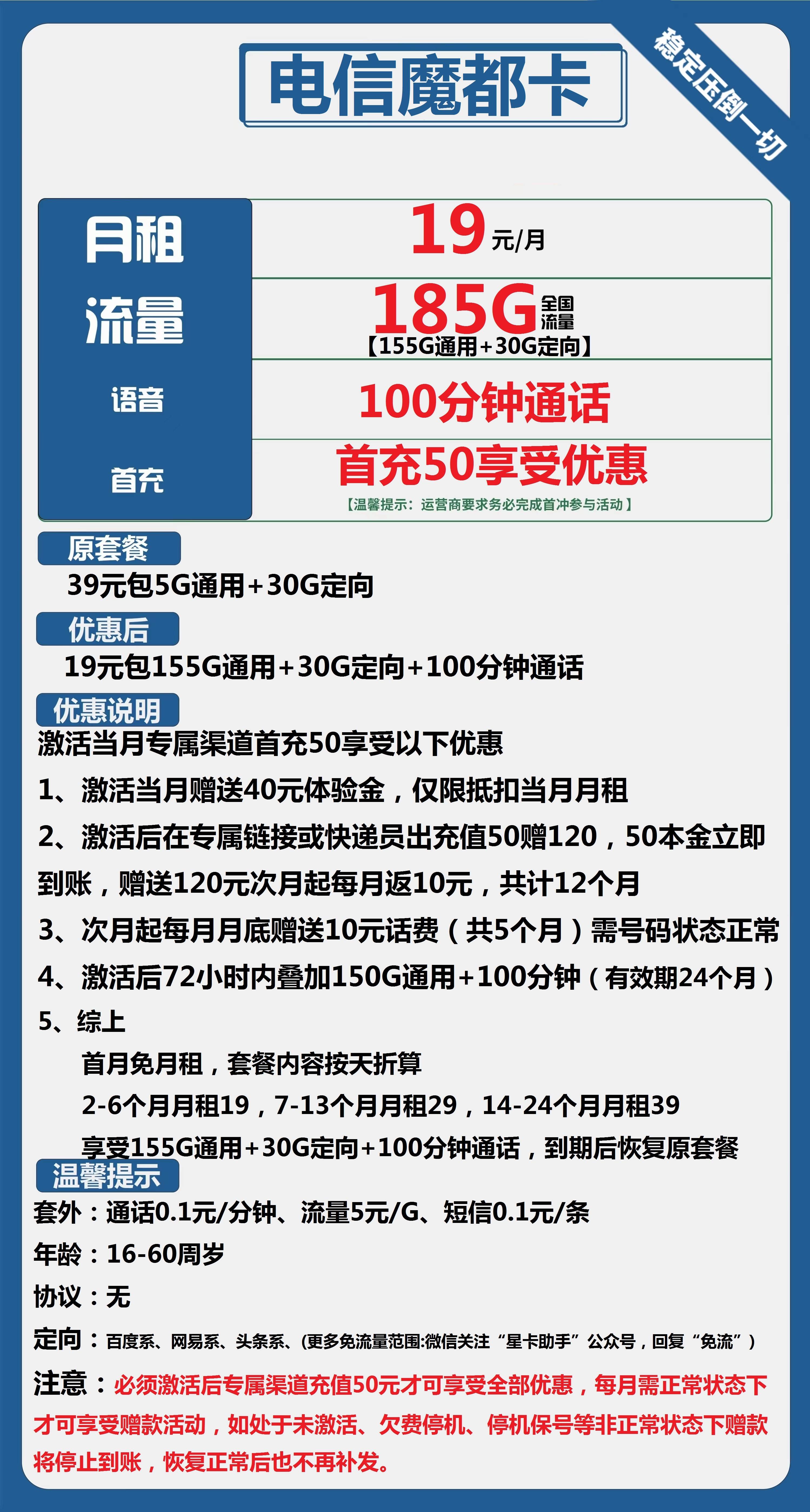 电信魔都卡：19元包155G通用流量+30G定向流量+100分钟通话