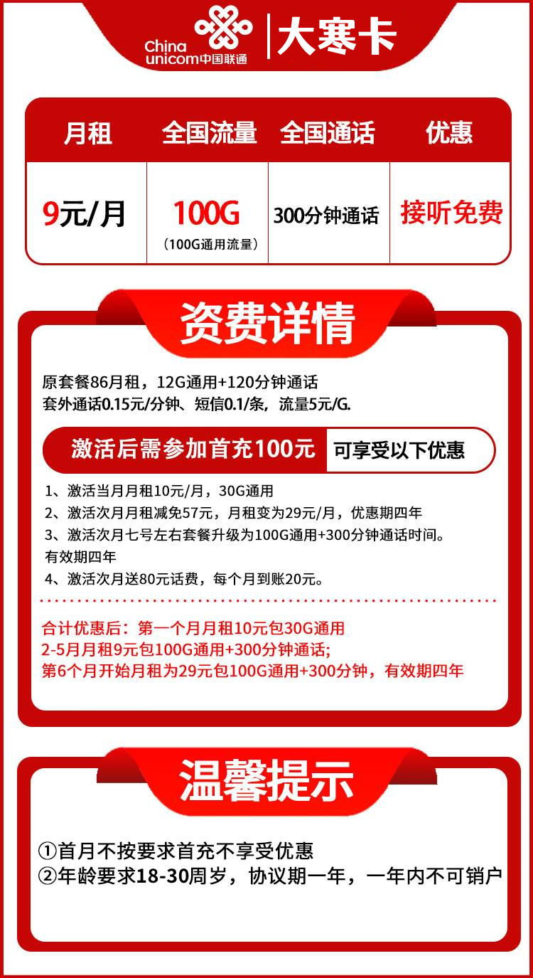 图片[1]-【免费领取·4年套餐】联通大寒卡9元100G通用+300分钟通话-云开号卡