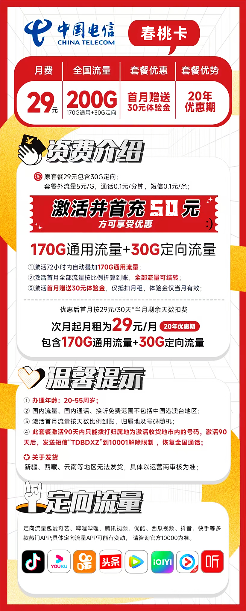 图片[1]-【主推·免费领取·长期20年套餐】电信春桃卡29元200G流量-云开号卡