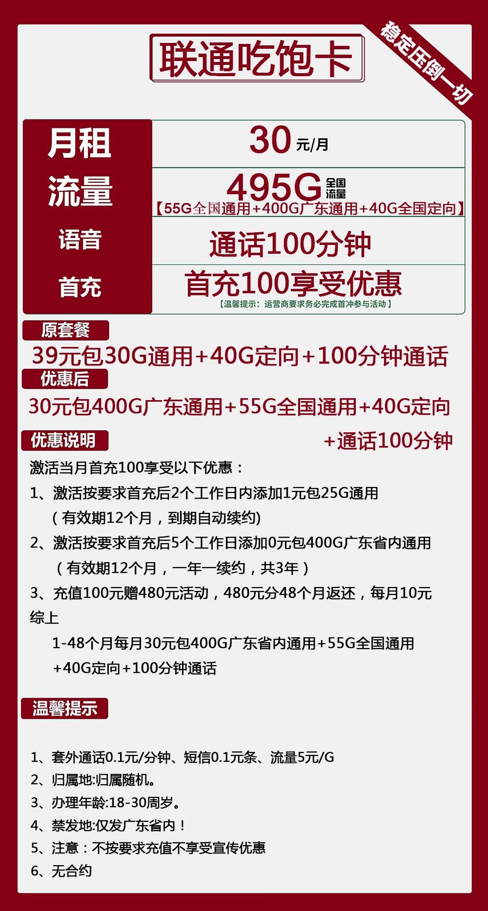 【联通吃饱卡】让广东靓仔吃饱的流量卡，每月495G全国流量+100分钟通话，月租仅30元