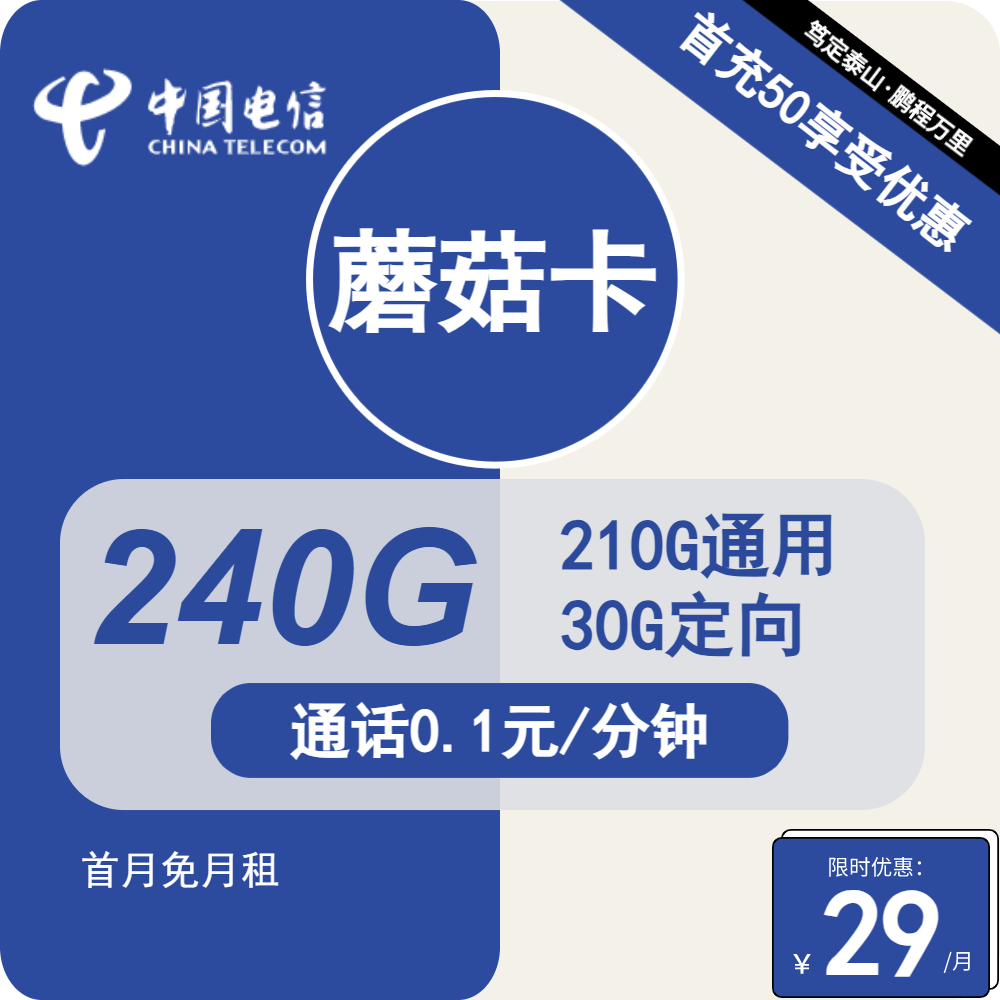 电信蘑菇卡 29元包210G通用+30G定向+通话0.1元/分钟