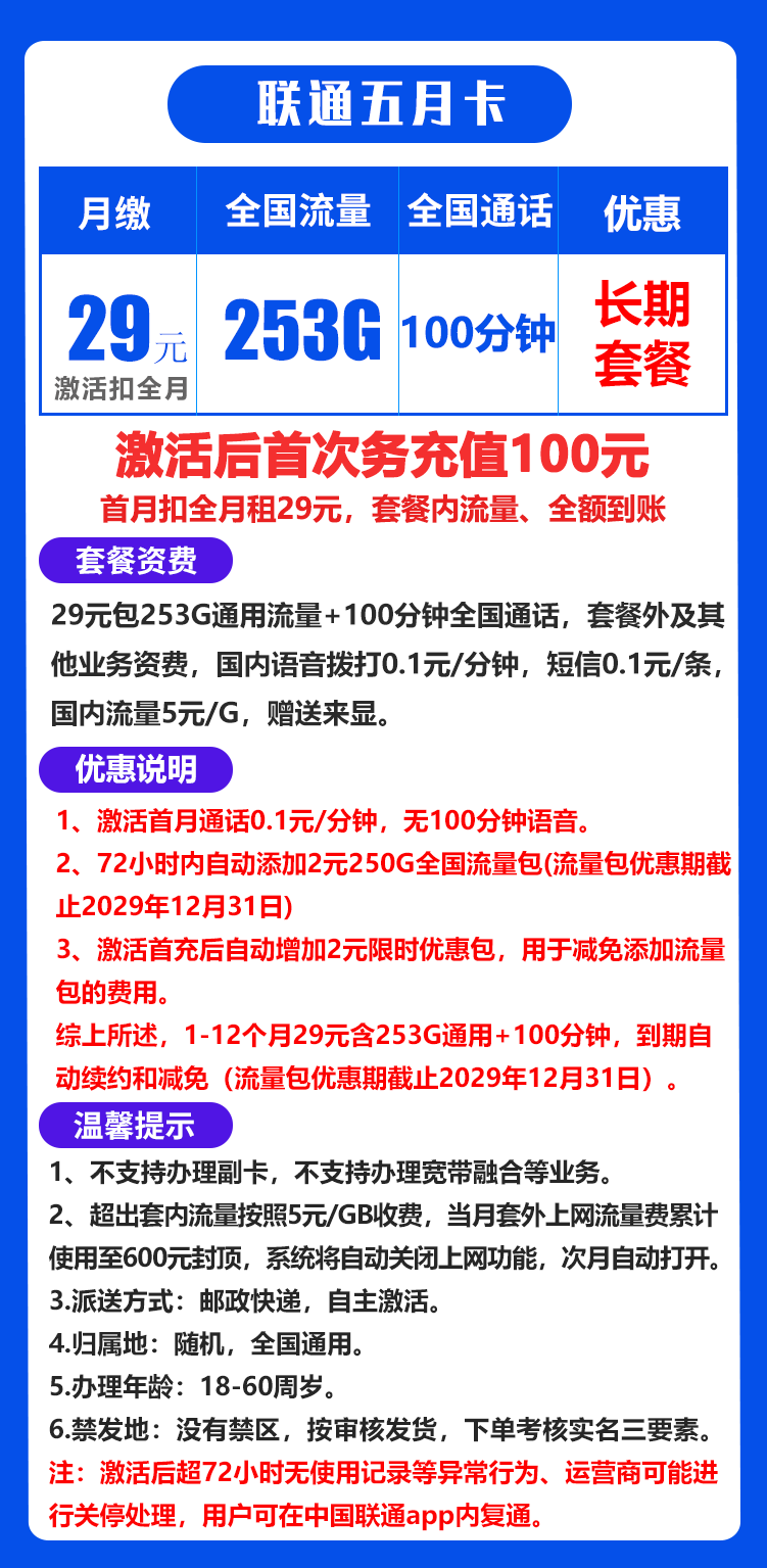 联通五月卡29元253G+100分钟（长期套餐，自主激活）