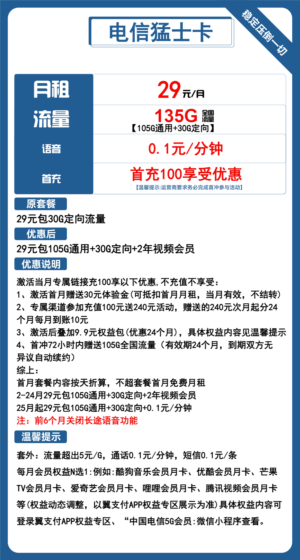 【可续期、送会员】电信可乐卡/猛士卡29元包105G通用+30G定向+通话0.1元/分钟+两年会员