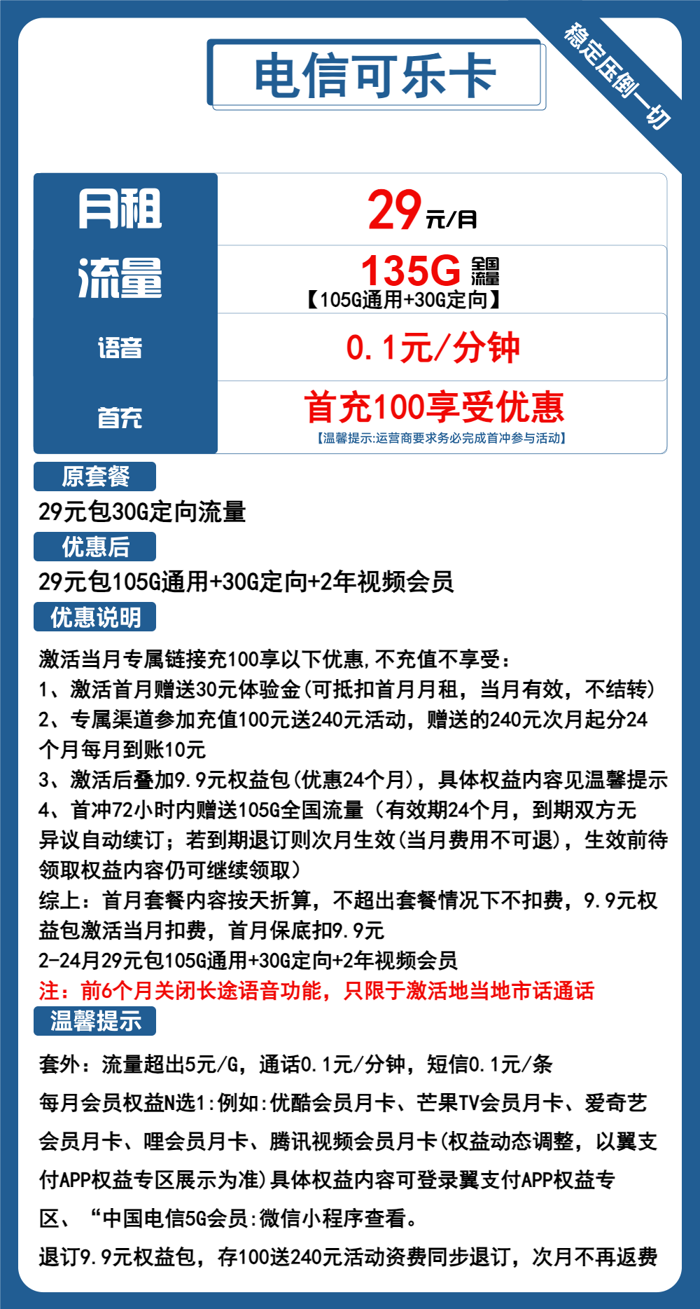 【可续期、送会员】电信可乐卡/猛士卡29元包105G通用+30G定向+通话0.1元/分钟+两年会员