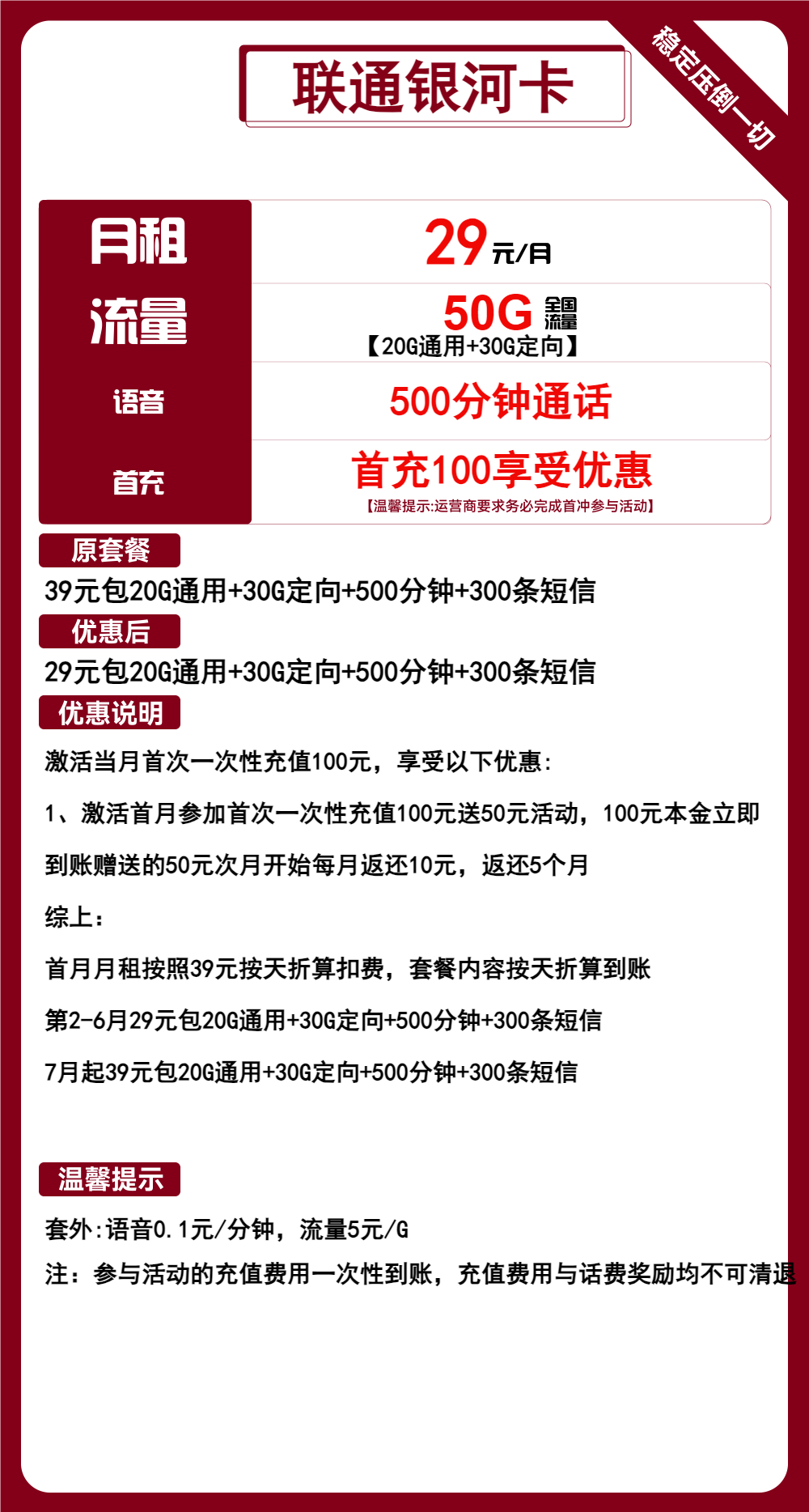 联通银河卡 29元包20G通用+30G定向+500分钟通话+300条短信【收货地为归属地】