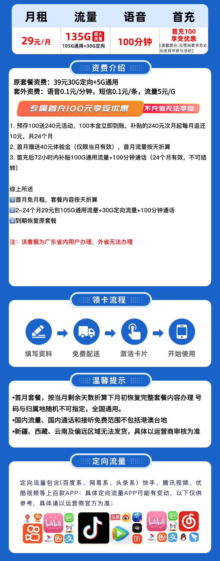 首月免月租：电信 | 广东卡29元135G+100分钟【充100送240】