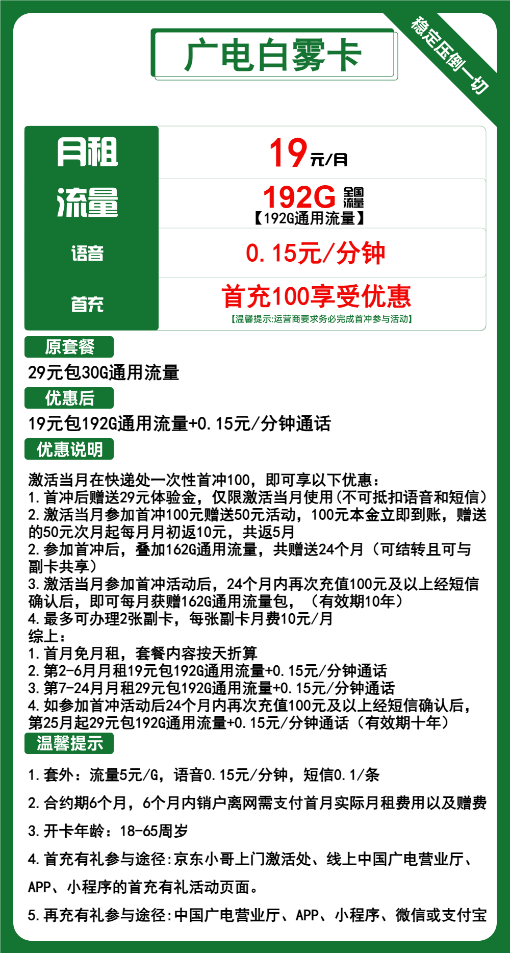 【收货地归属、支持副卡】广电祥龙卡/白雾卡19元包192G通用+通话0.15元/分钟