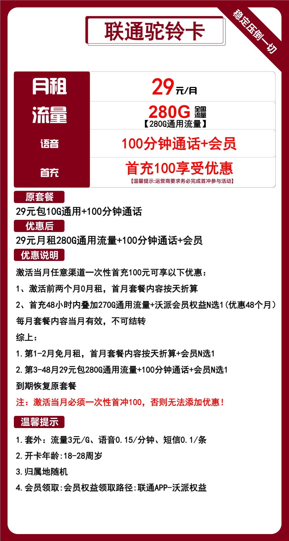 【无敌性价比】联通驼铃卡，29元280G全国通用流量+100分钟通话，赠送4年视频会员，免两个月月租