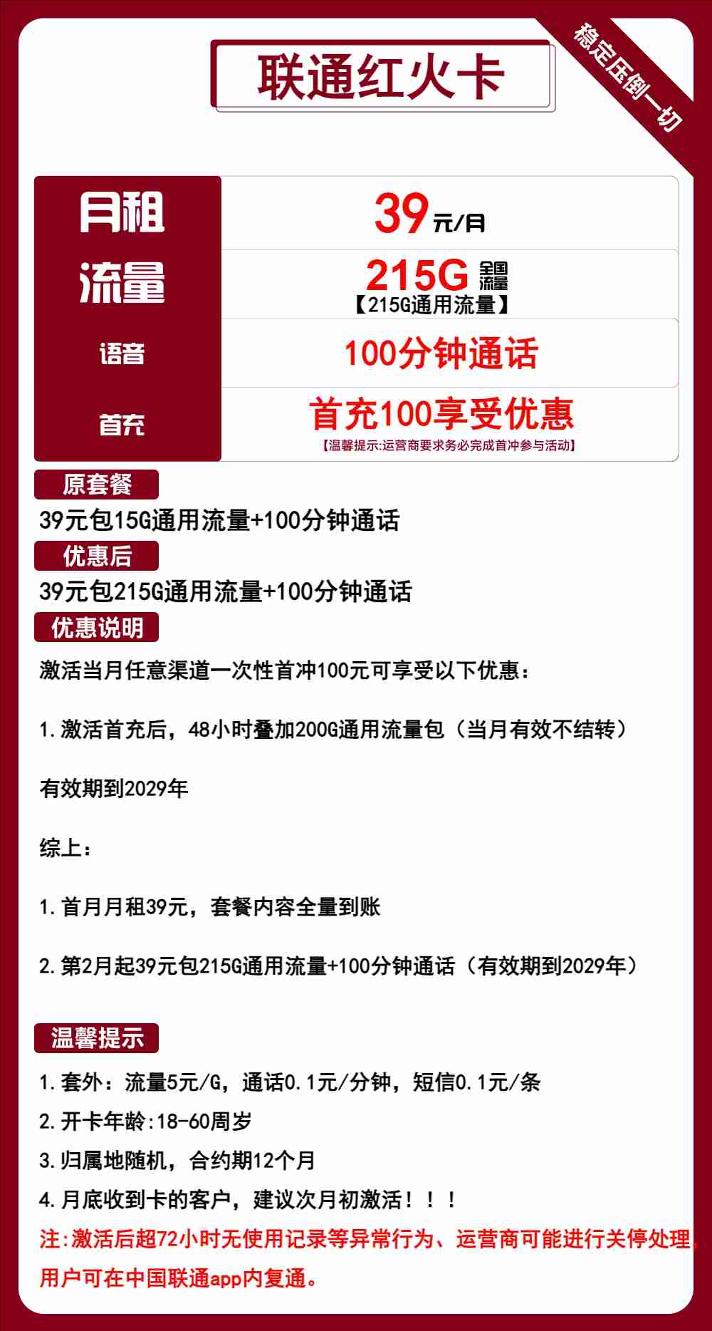 【星耀卡回归】联通红火卡，长期39元215G流量+100分钟通话，自助激活，黄金速率