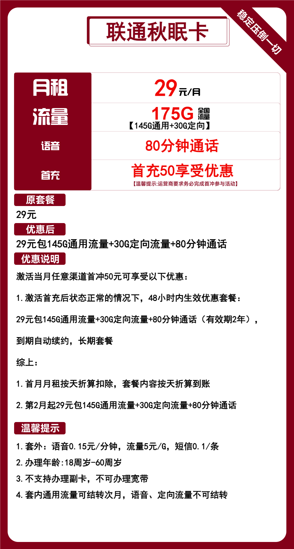 【好卡推荐】联通秋眠卡，长期29元175G全国流量+80分钟通话，流量可结转