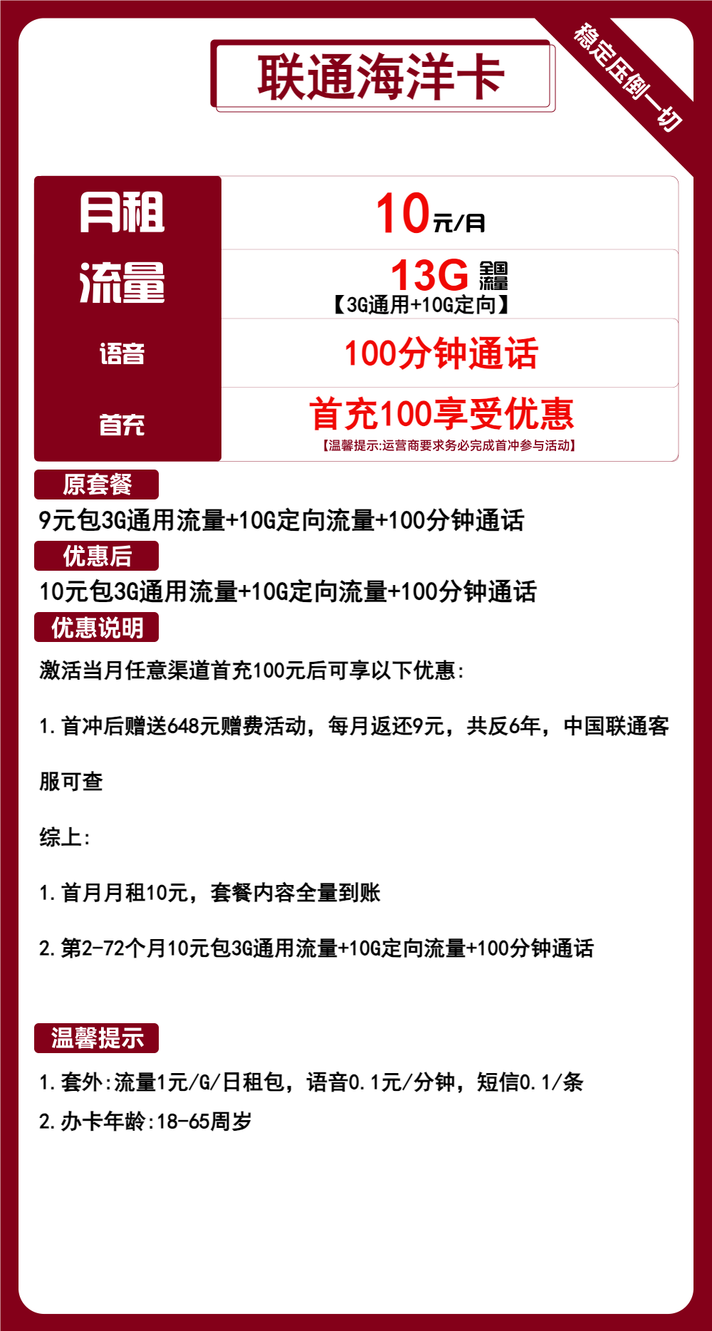 【适合自媒体】联通海洋卡，10元包13G全国流量+100分钟通话，6年优惠期