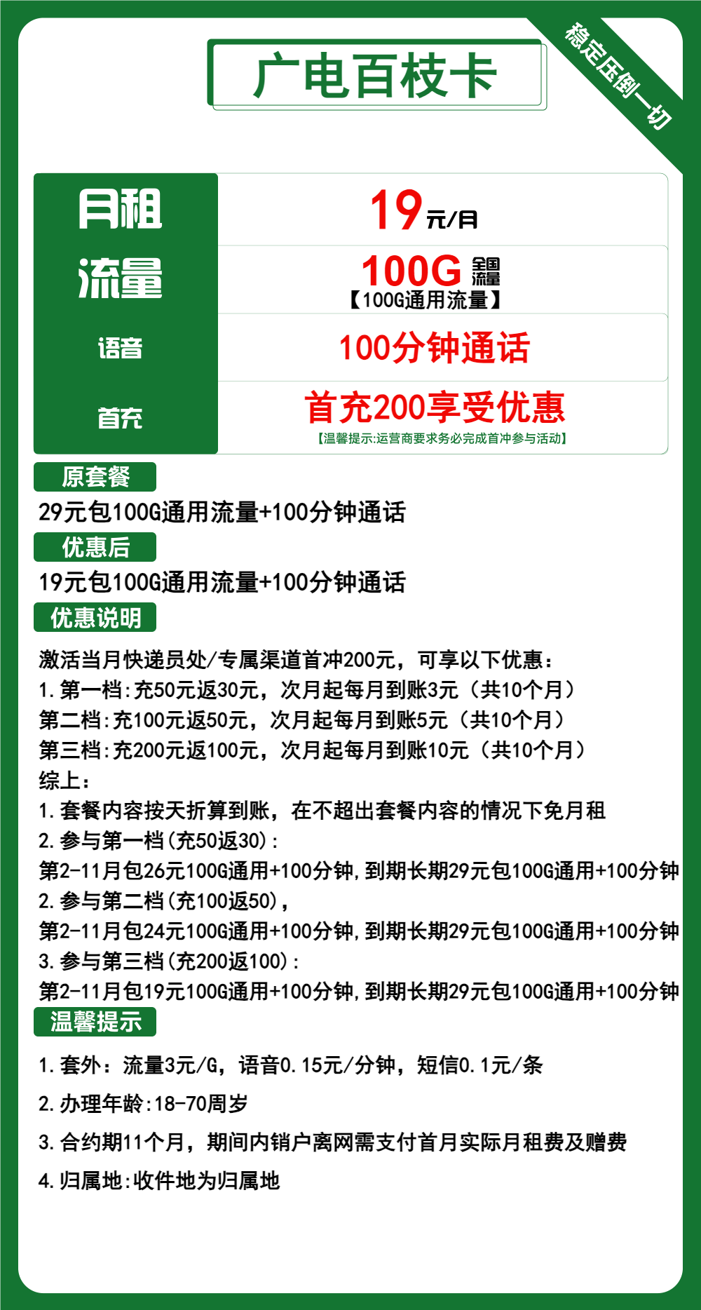 【广电双百套餐】广电百枝卡，19元包100G全国流量+100分钟通话，首月免月租，收货地即归属地，流量可结转