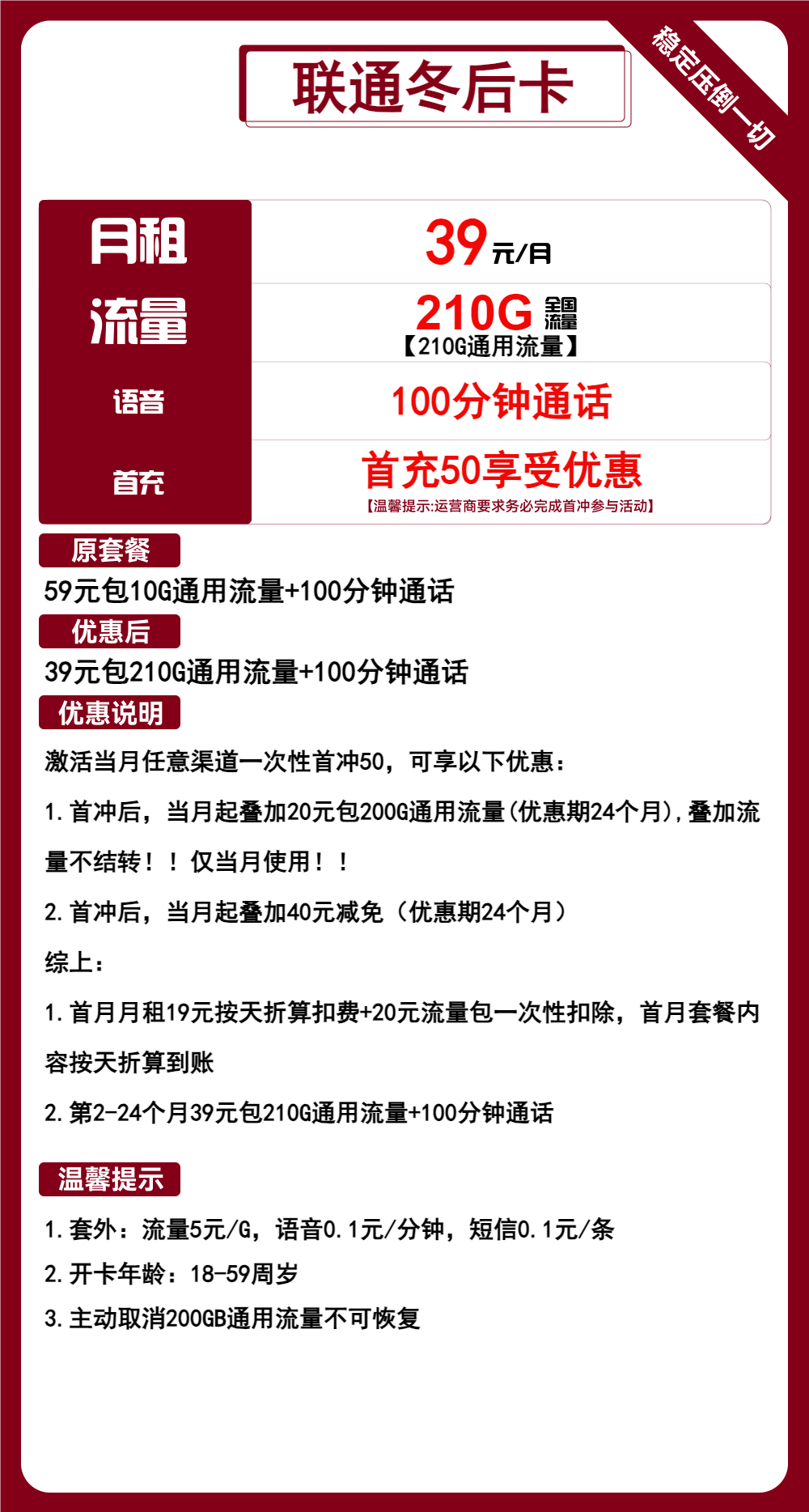 【联通冬后卡】39元包210G全国流量+100分钟通话，两年套餐