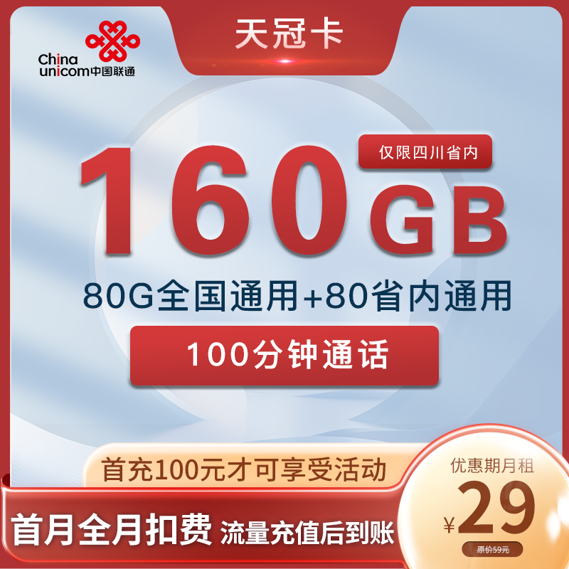 联通天冠卡 29元80G省内+80G全国+100分钟通话 长期流量