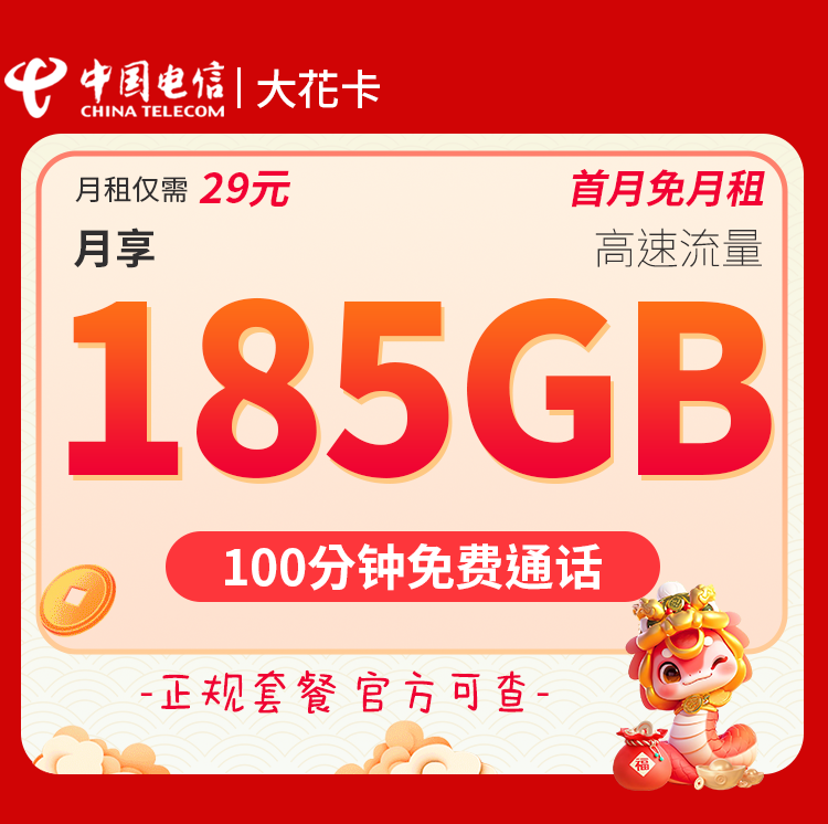 电信大花卡29元185G流量+100分钟套餐办理入口