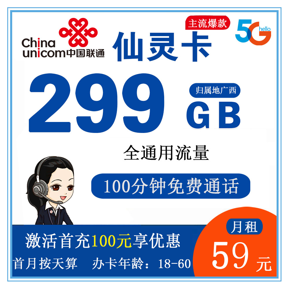 W1245/联通仙灵卡59元299G流量+100分钟通话【仅发广西】
