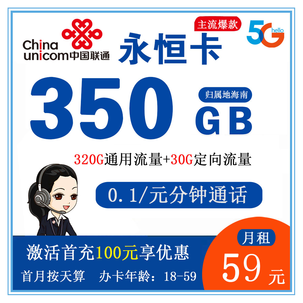 W1249/联通永恒卡59元350GB流量+0.1元/分钟通话【仅发海南】