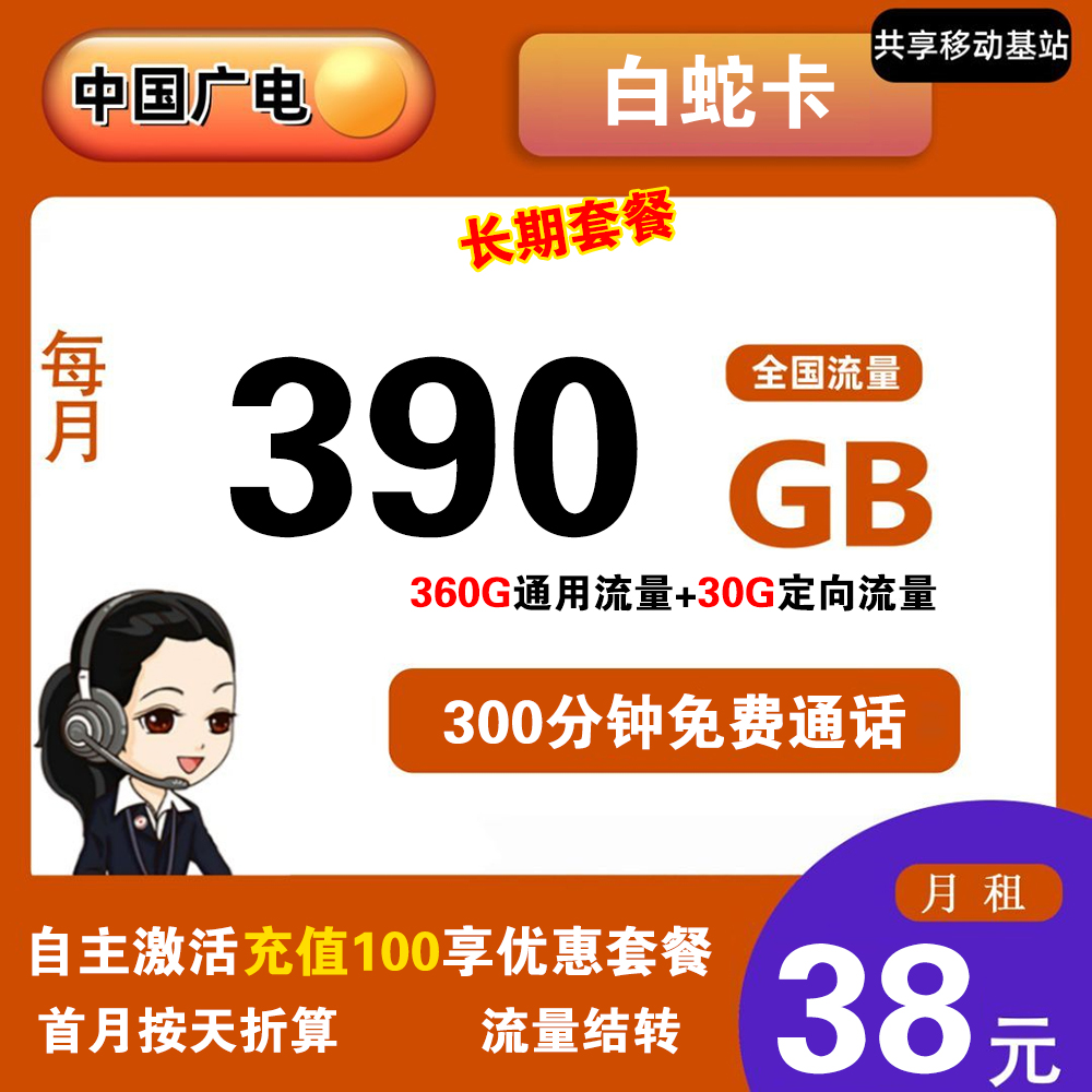 W1325/广电白蛇卡38元390GB流量+300分钟通话【发全国】【长期套餐】
