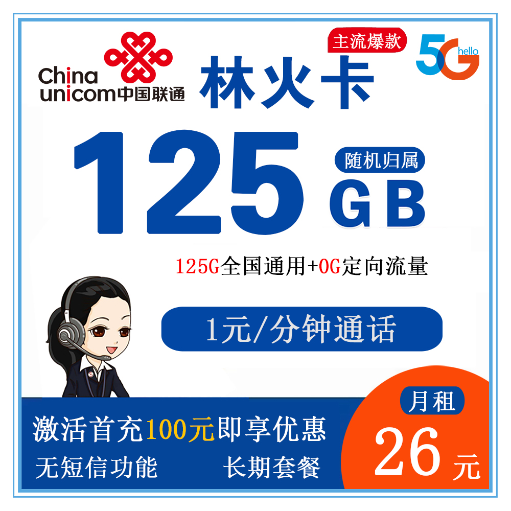 W1400/联通林火卡26元125G流量+1元/分钟通话【发全国】【长期套餐】